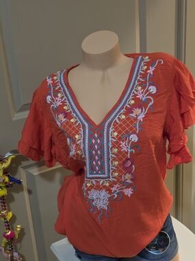 Solitaire Red Embroidered V-Neck Ruffle Sleeve Blouse